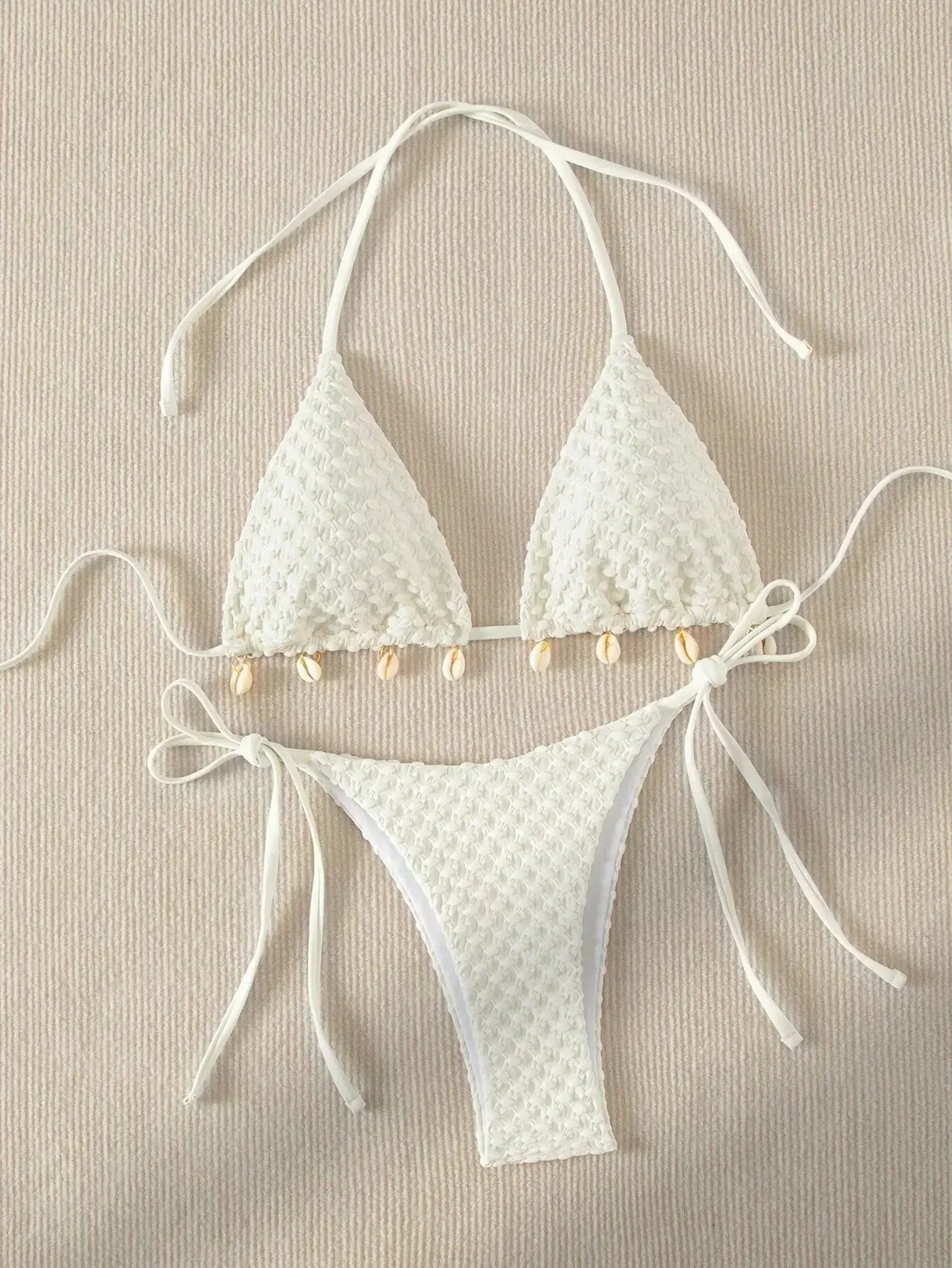 Sexy Bikini Set Shell Designer Swimsuit 2025 White Black Push Up Micro Bikinis Summer Bathing Suit Tie Side Triangle Swimwear
