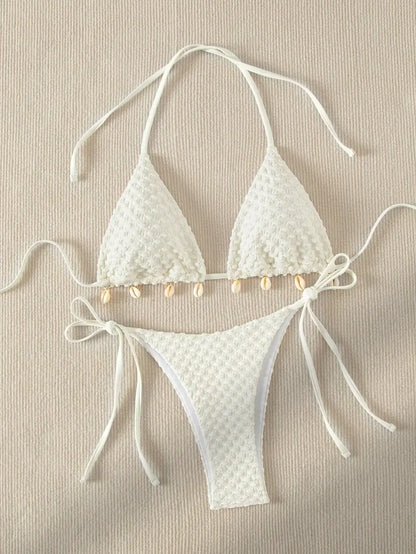 Sexy Bikini Set Shell Designer Swimsuit 2025 White Black Push Up Micro Bikinis Summer Bathing Suit Tie Side Triangle Swimwear