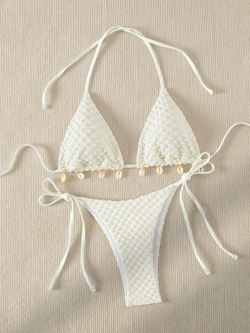 Sexy Bikini Set Shell Designer Swimsuit 2025 White Black Push Up Micro Bikinis Summer Bathing Suit Tie Side Triangle Swimwear
