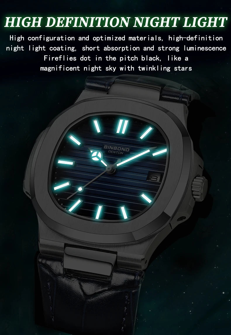 BINBOND precise quartz wristwatches for men luxury luminous waterproof auto date leather strap durabble men's watch casual reloj