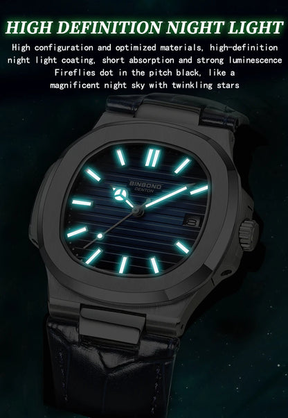 BINBOND precise quartz wristwatches for men luxury luminous waterproof auto date leather strap durabble men's watch casual reloj