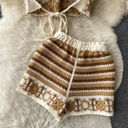 SINGREINY Summer Knit Beach Suit Women Short Camisole+ Hollow Out Wide Leg Shorts Fashion Vacation Stripe Casual Two Pieces Sets