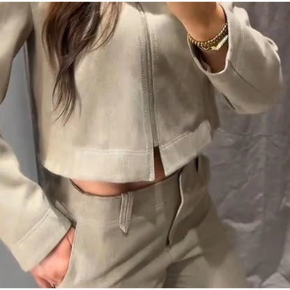Casual Coats Pants Sets Women'S Turn-down Collar Long Sleeve Zippers Tops High Waist  Trousers 2026 Spring New Lady Chic Suit