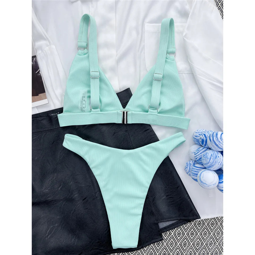 Sexy High Leg Cut Ribbed Bikini Women Swimwear Female Swimsuit Two-pieces Bikini set Padded Bather Bathing Suit Swim Lady V3255