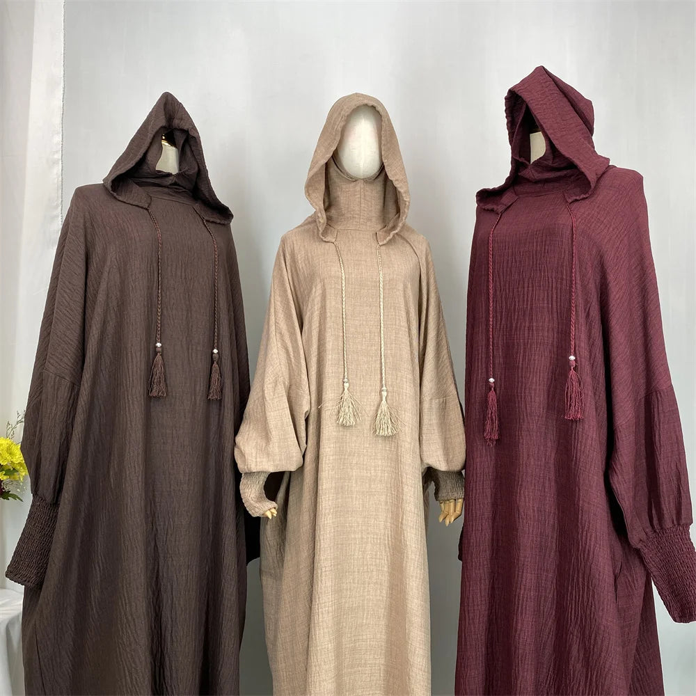 Hot Seller Ramadan Islamic Clothing Wrinkle Polyester Hoodie Abaya Dress With Undercap Muslim Women Abaya Hoodie Causal Dresses