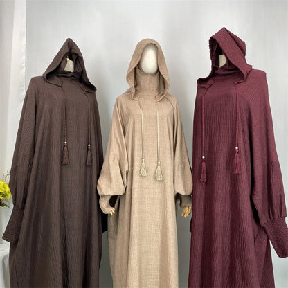 Hot Seller Ramadan Islamic Clothing Wrinkle Polyester Hoodie Abaya Dress With Undercap Muslim Women Abaya Hoodie Causal Dresses