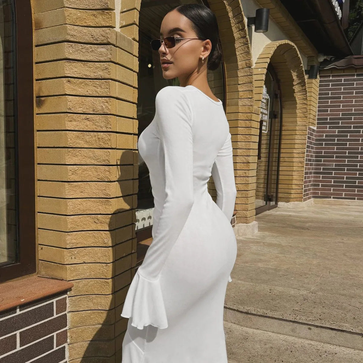 Women Elegant Ruffle Hem White Long Dress Fashion Shirring V-neck Flare Long Sleeve Dresses 2024 New Evening Party Robes Vestido