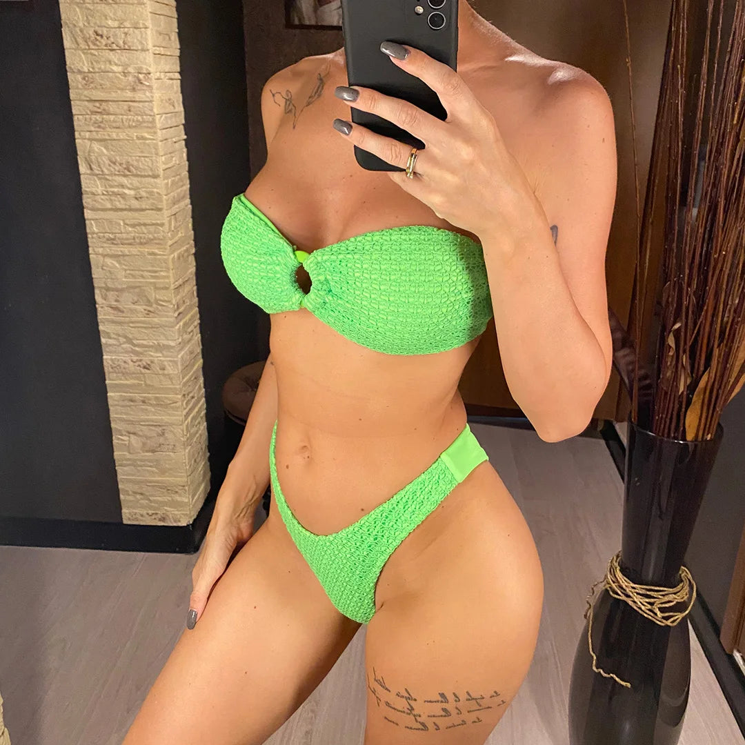 Wrinkled Bandeau High Cut Bikini Women Swimwear Female Swimsuit Two-pieces Bikini set Strapless Bather Bathing Suit Swim V3367