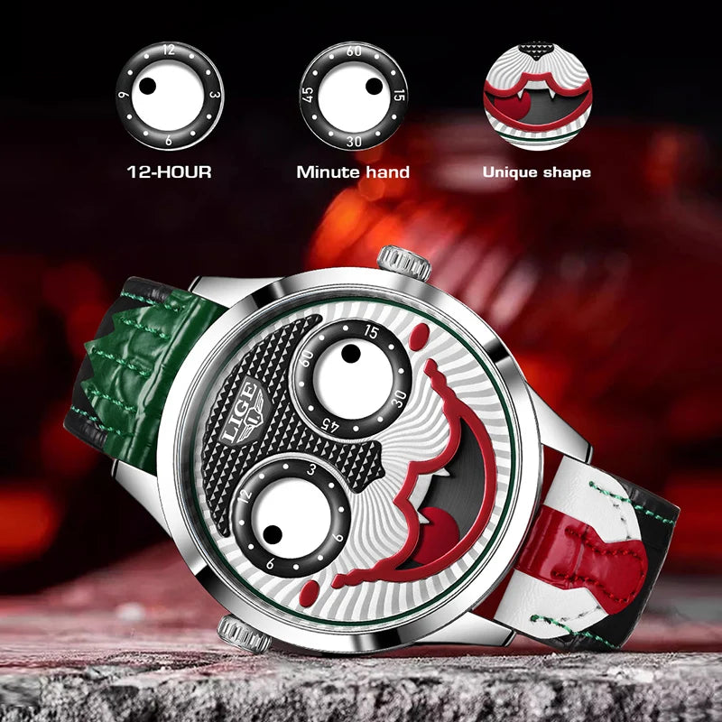 LIGE 2025 Creative Watches For Men Clown Fashion Quartz Wristwatches Waterproof Leather Strap Mens Watch Cool Joker Reloj Hombre