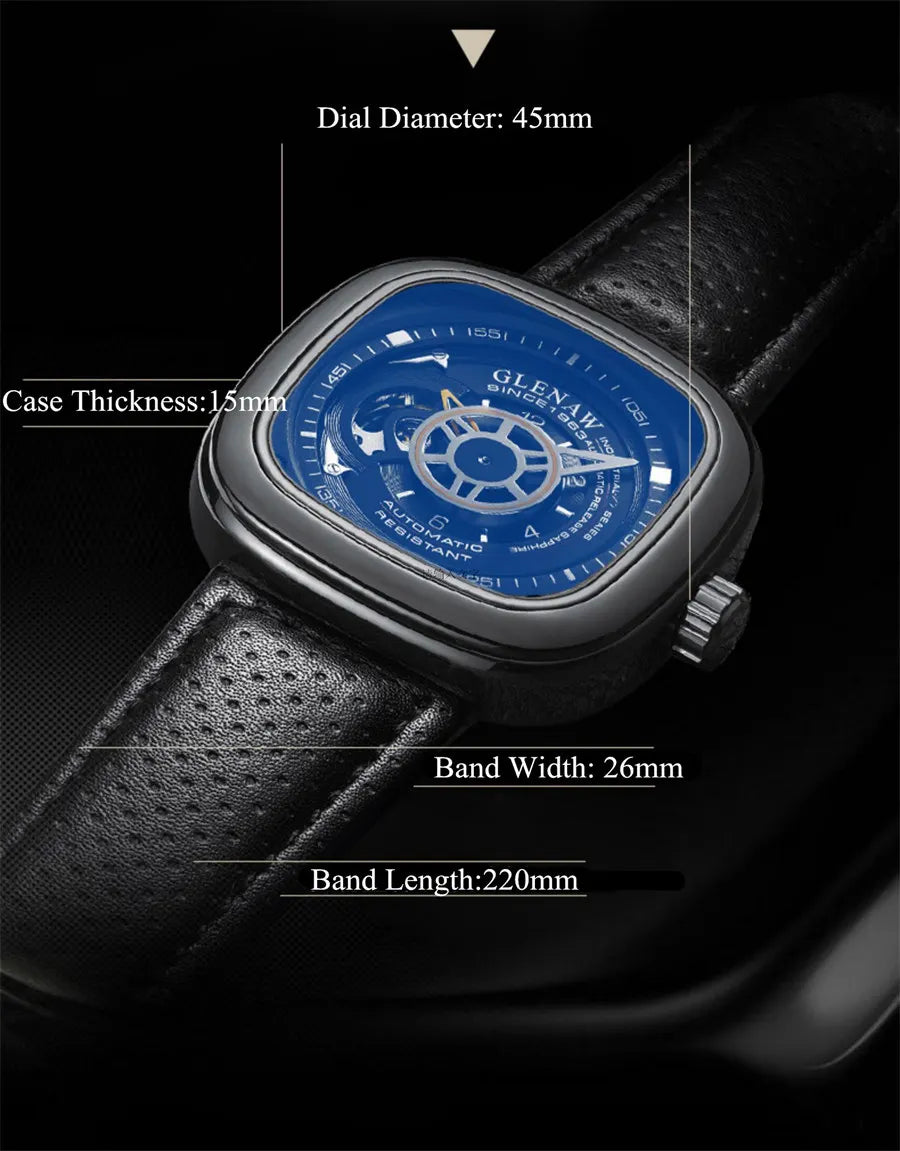 GLENAW Mechanical Watch for Men Breathable Leatherstainless Steel Automatic Skeleton Mens Watches Top Brand Luxury Reloj Hombre