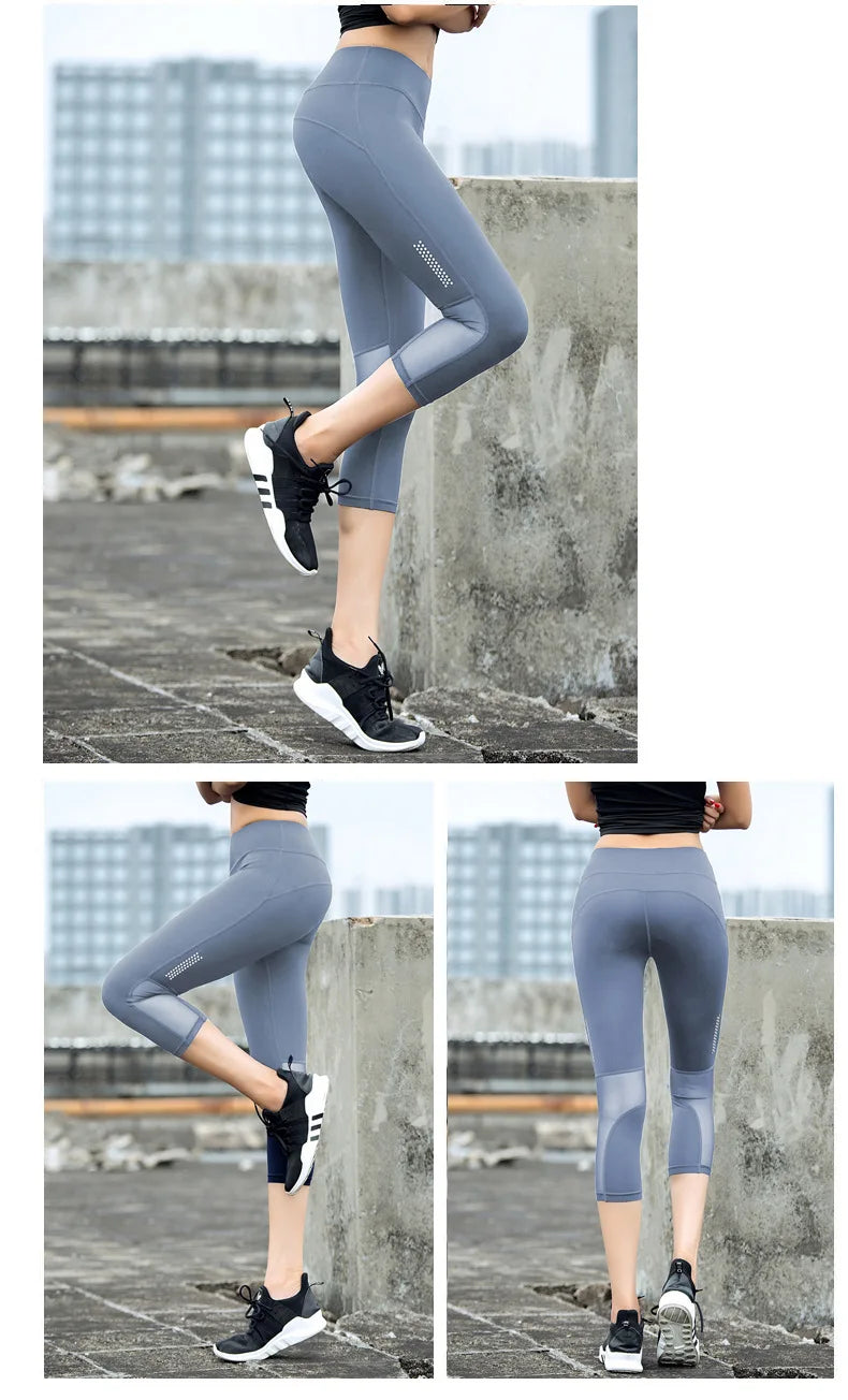 High Waist Mesh Sports Leggings Women Yoga Pants Quick Drying Capris Crop Fitness Tight Breathable Pant Running Gym Trousers