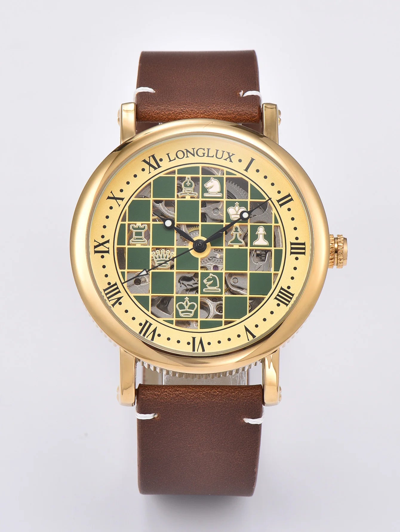 Men automatic watch chess checjerboard mechanical watches waterproof vintage business luminous skeleton leather gift for you