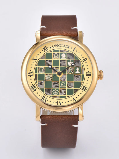Men automatic watch chess checjerboard mechanical watches waterproof vintage business luminous skeleton leather gift for you