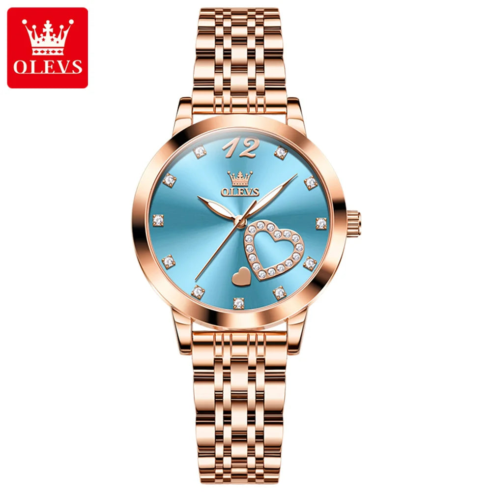 OLEVS 5189 Quartz Watch for Women Diamond Love Heart Design Fashion Elegant Rose Gold Mesh Steel Strap Waterproof Ladies Watches