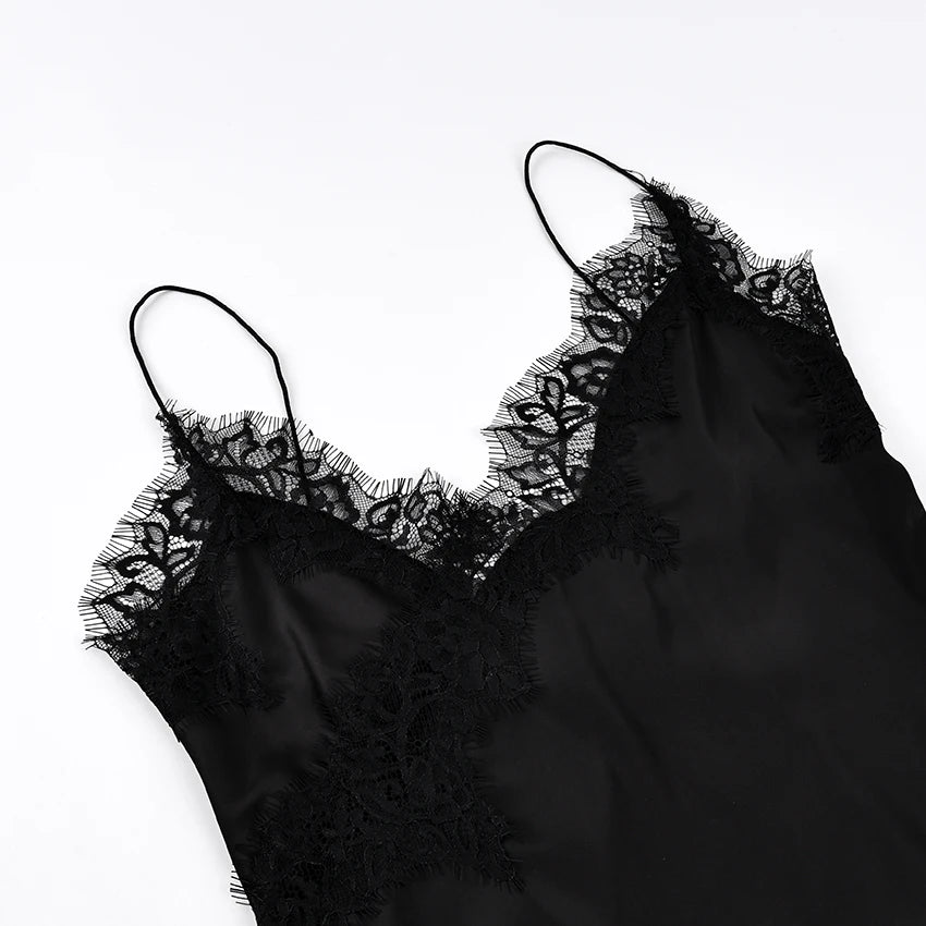 Linad Sexy Black Backless Lace Camisole Women Street Chic Spaghetti Strap Tops Female Casual Patchwork Silk Vest Female 2025
