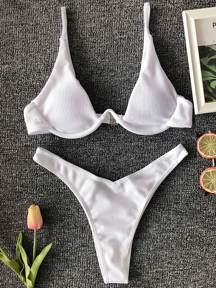 Sexy Neon V-bar Underwired Bikini 2025 Female Ribbed Swimsuit Women Thong Swimwear Two-pieces Bikini set Push up Bathing Suit