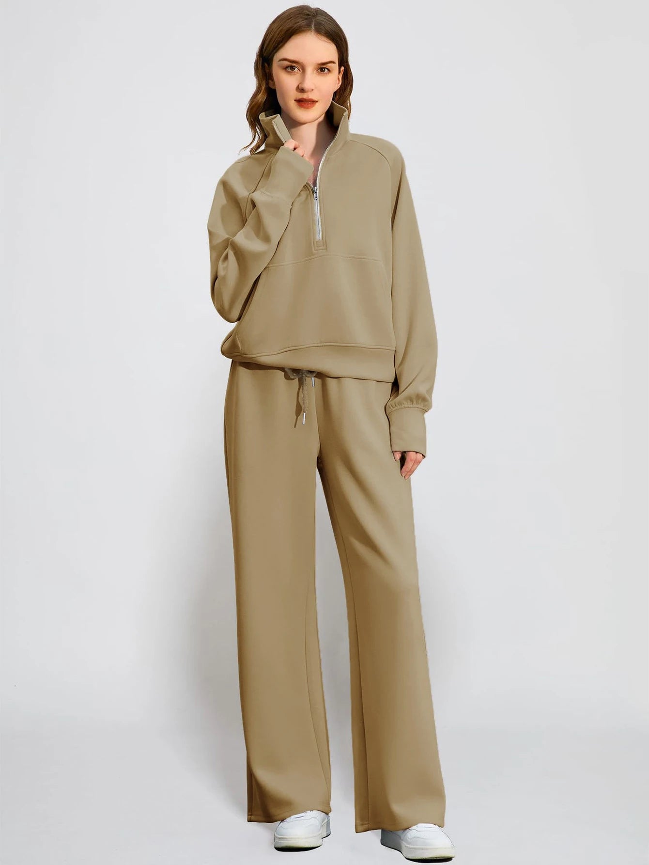 Woman Solid Color Half Zip Long Sleeve Sweatshirt and Wide Leg Pants Set Casual Sporty Two Piece Outfit