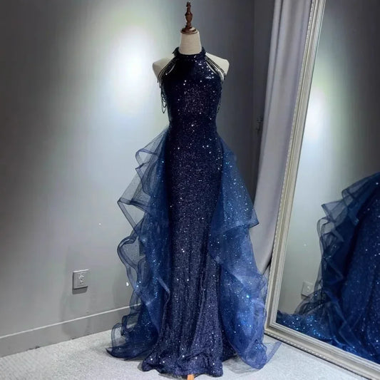 Elegant Sparking Navy Blue Evening Dresses Halt Beading Party Gown Customized Prom Dress 2025