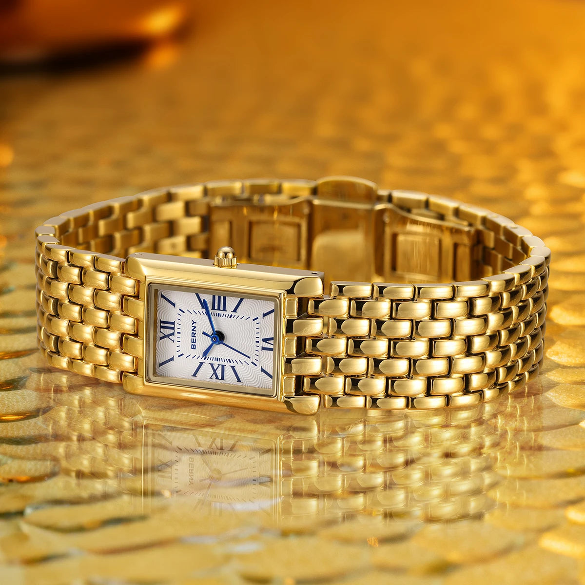 BERNY Luxury Women's Watches Fashion Ladies Square Casual Golden Quartz Watch Solid Stainless Steel Rectangle Girls Wristwatch