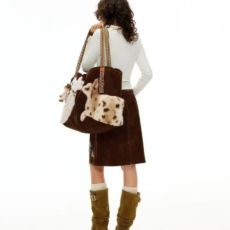 Women Bags New Fashion Vintage PU “Velvet Cat Dialogue” High-Capacity Shoulder Bag Handbag