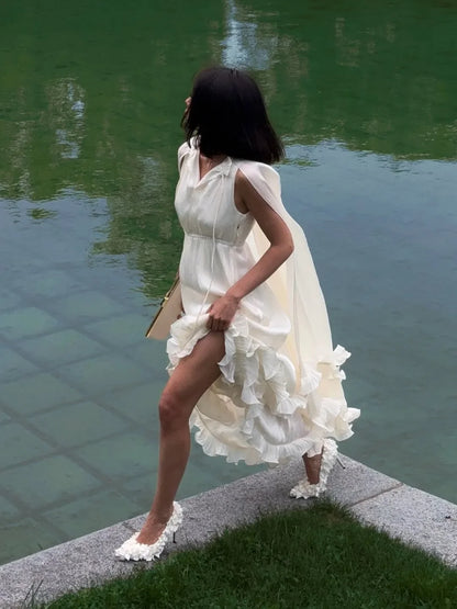 Elegant Ruffle V-neck Maxi Dress Women Chic Lapel Pleated Sleeveless High Waist Dresses Fashion 2025 Summer Lady Vacation Robes