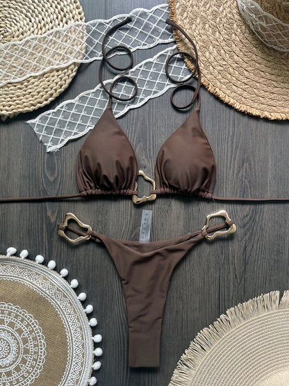Sexy Solid Color Halter Lace-up Low Waist Bikini Set Women's Two Pieces Triangle Thong Swimsuit Bathing Suit Brazilian Biquinis