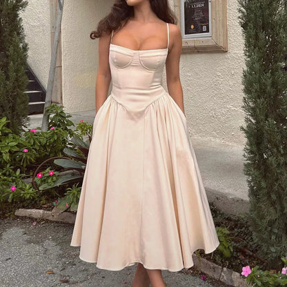 Suninheart Spaghetti Strap Summer Party Dresses 2025 New Arrivals Fit and Flare Elegant Midi Dress Red Night Date Dress