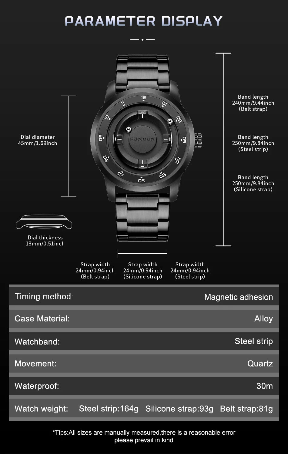 FOXBOX Personalized Mens Watches Creative Simple Floating Magnetic Pointer Quartz Wristwatch Steel Waterproof Watch for Man