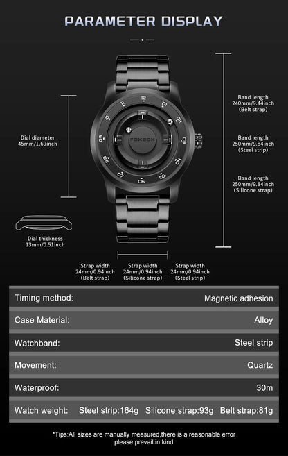 FOXBOX Personalized Mens Watches Creative Simple Floating Magnetic Pointer Quartz Wristwatch Steel Waterproof Watch for Man