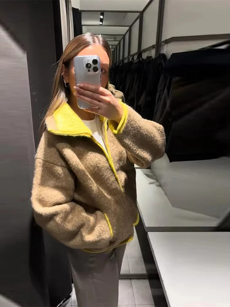 Fashion Contrasting Knitted Cardigan for Women Elegant Long Sleeve Pockets Zipper Sweater 2026 Spring Street Lady Chic Outwear