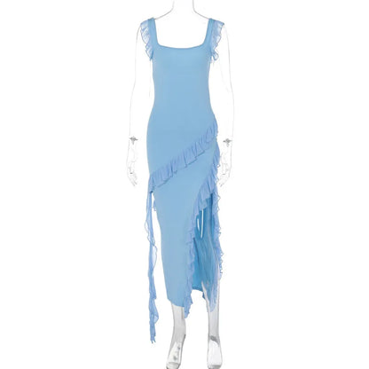 Giyu Sexy Ruffles Summer Dress 2025 Women Clothing Elegant Holiday Club Evening Party Dresses Slash Neck Split Bodycon Long Robe