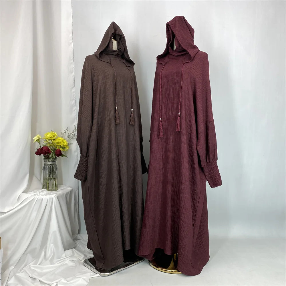 Hot Seller Ramadan Islamic Clothing Wrinkle Polyester Hoodie Abaya Dress With Undercap Muslim Women Abaya Hoodie Causal Dresses