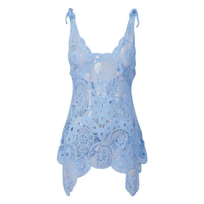 hirigin Sexy Women Crochet Swimsuit Coverups Slim U Neck Hollow Out Sleeveless Irregular Hem Mini Summer Beach Dress