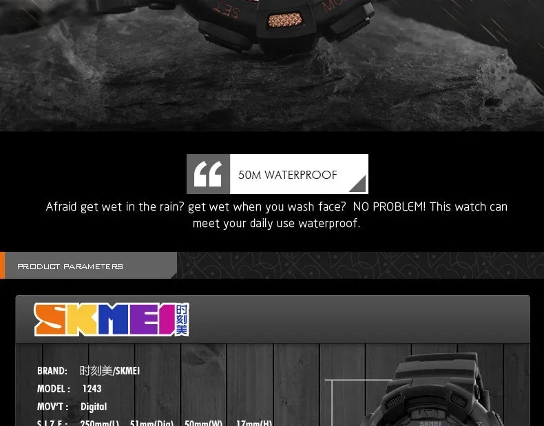 SKMEI 1243 Men Multifunction 5Bar Waterproof PU Strap LED Display Watches Chrono Digital Watch reloj hombre Outdoor Sport Watch