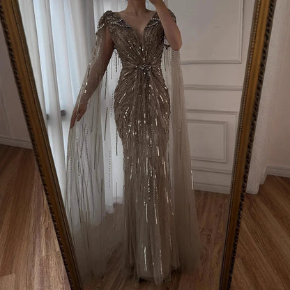 Serene Hill 2025 Turquoise Mermaid Evening Dresses Gowns With Beaded  Cape For Women's Wedding Party LA72168A Customized