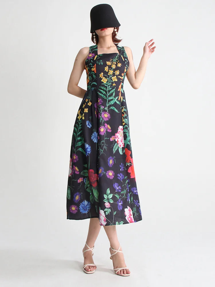 TWOTWINSTYLE Summer Loose Dress For Women Square Collar Sleeveless High Waist Print Colorblock Midi Dresses Female Clothing 2022