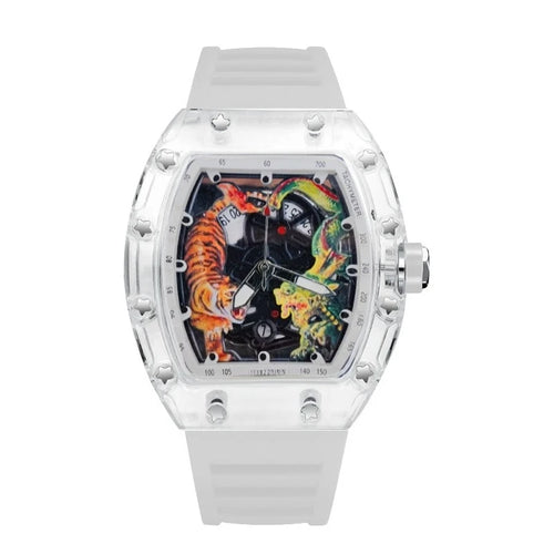 Fashion Tonneau Plastic Case Quartz Watch Men Dragon and Tiger Engraved Dial Luxury Waterproof Sport Watches Men Steel Men Watch