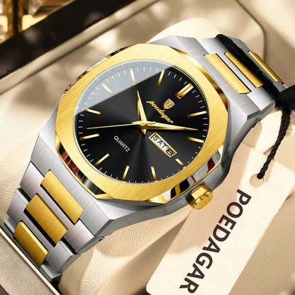 POEDAGAR Fashion Brand Man Clock Luminous Waterproof Stainless Steel Men's Watch Date Week Quartz Business Watches For Men Reloj