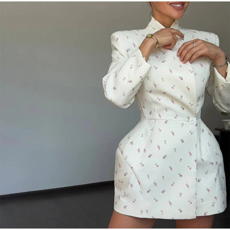 White Waist Cinching Floral Shoulder Pad Blazer Long Sleeve Single Breasted Jacket for Summer 2025 Elagant Female Outwear