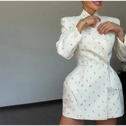 White Waist Cinching Floral Shoulder Pad Blazer Long Sleeve Single Breasted Jacket for Summer 2025 Elagant Female Outwear