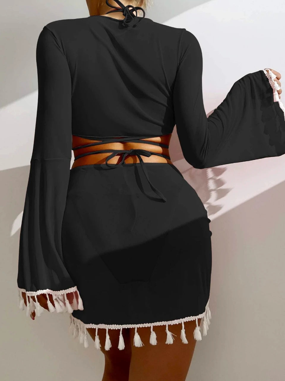 Sexy 4 Pieces Halter Bikinis Women Solid Swimwear Female Cover Up Swimsuit Long Sleeve And Skirt Bathing Suit Beachwear Summer
