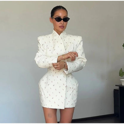 White Waist Cinching Floral Shoulder Pad Blazer Long Sleeve Single Breasted Jacket for Summer 2025 Elagant Female Outwear