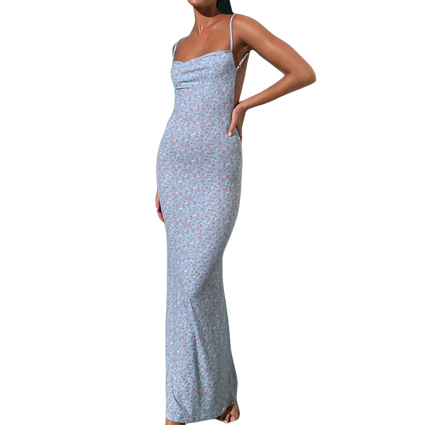 New Fashion Women´s Sexy Dress, Spaghetti Strap Sleeveless Backless Slim Fit Floral Printed Long Dresses
