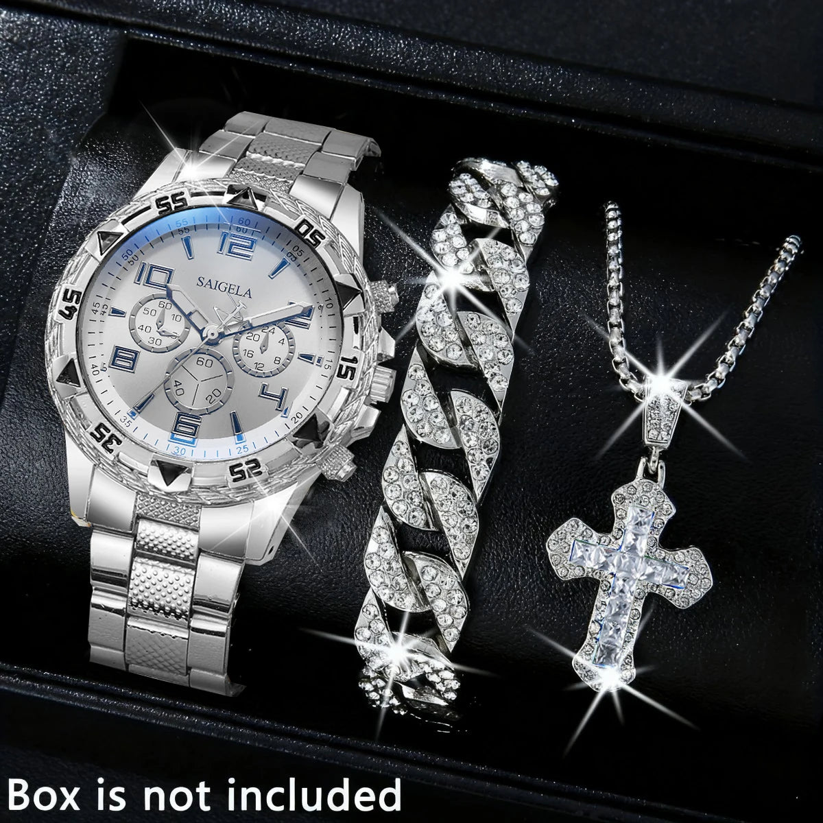 3PCS/Set Luxury Stainless Steel Band Men Business Watches Fashion Male's Quartz Watch Hip-hop Diamond Jewelry Set (Without Box）