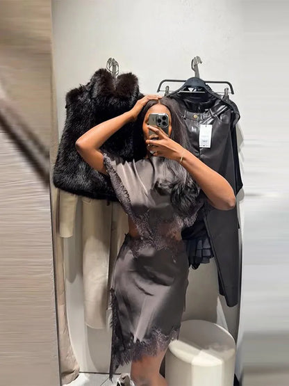 Sexy Lace Patchwork Waist Revealing Dress Women Fashion O-neck Short Sleeve High Waist Slim Dresses Female New Chic Casual Robe