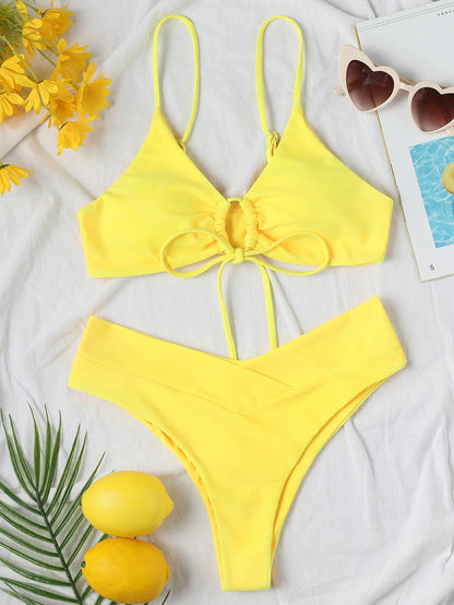 New High Elastic Bikini Set for 2025 Summer Two Pieces Solid Color Lace-up Sexy Women Swimsuit Beach Bathing Suit Swimwear