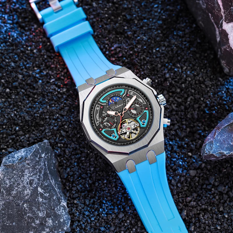 Luxury Tourbillon Watches Men Fashion Sport Rubber Strap Moon Phase Date Waterproof Automatic Mechanical Wrist Watch Man Reloj