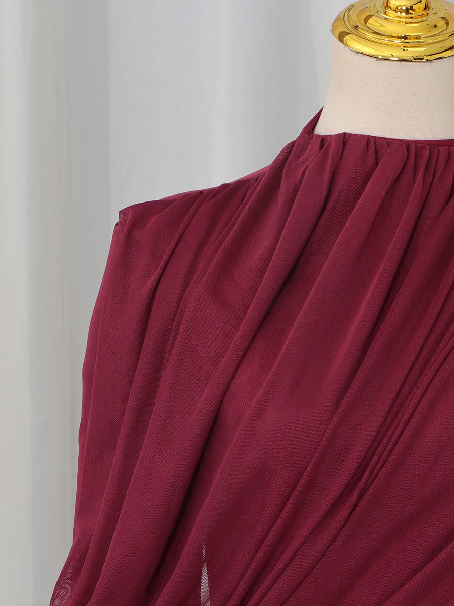 VGH Elegant Vintage Spliced Ribbon Dresses for Women Turtleneck Long Sleeve Irregular Folds Evening Luxurious Maxi Dress Female