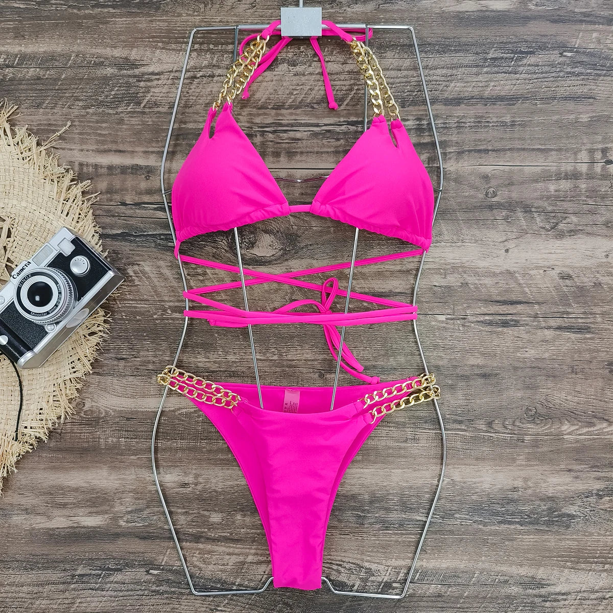 Brazilian Bikini Swimsuit for Women, Ring Linked Halter, Swimwear, Beachwear, 2025