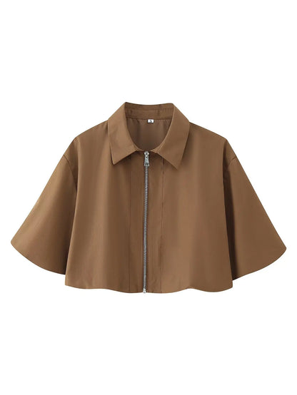 Women's Autumn New Short Zipper Jacket Short Sleeved Top High Waisted Pleated Lantern Flower Bud Half Skirt Set
